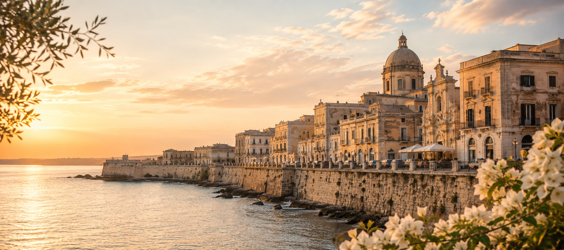 Golden hour over the Ortigia seafront in Siracusa, Sicily