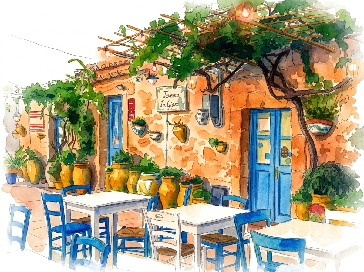 Watercolor illustration of a taverna terrace in Marzamemi