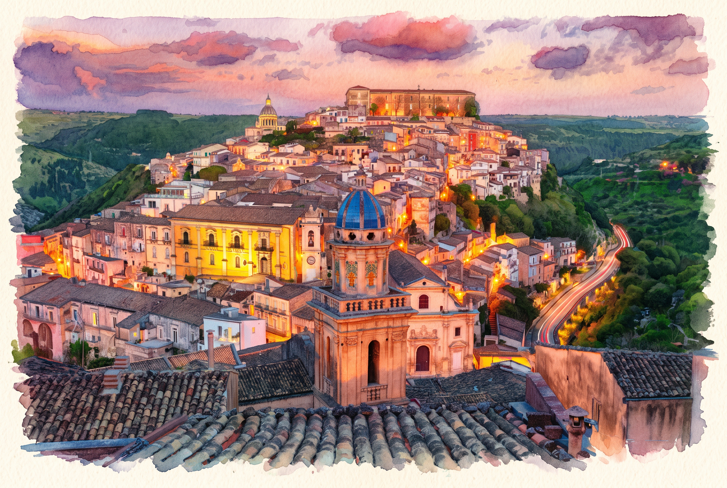 Watercolor illustration of the Duomo di San Giorgio in Ragusa Ibla