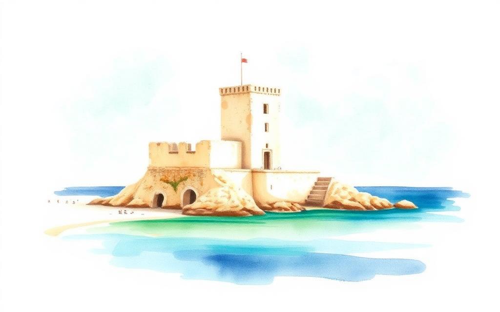 Watercolor illustration of the Vendicari tower above San Lorenzo beach